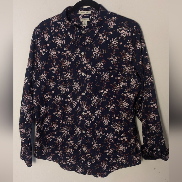 L.L. BEAN Floral WRINKLE FREE Cotton Button Down Shirt Navy Pink Size L EUC - Picture 4 of 12